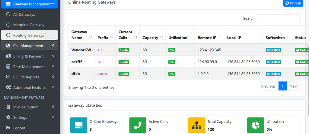 VOS3000 Web "Gateway" details